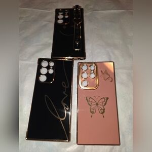 Samsung Galaxy S23 Ultra 3pk 2 Black and Gold 1 Blush Pink Phone Case.